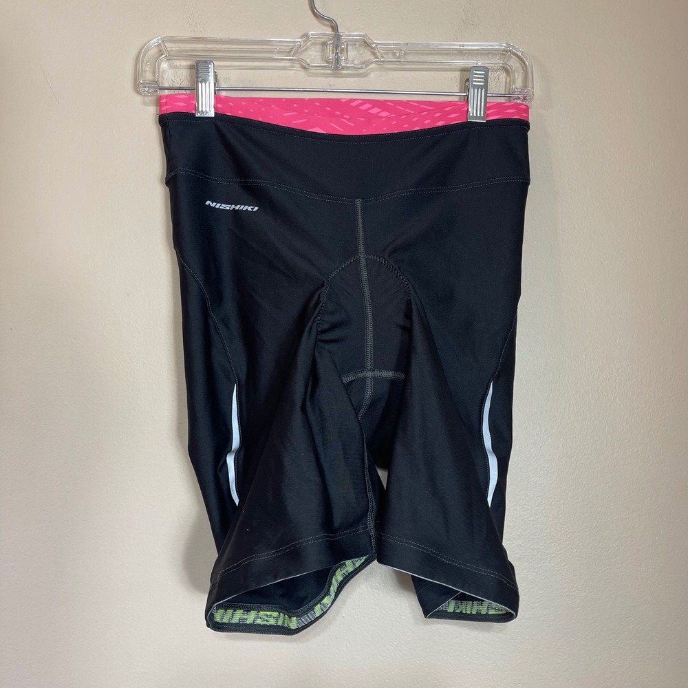 Nishiki Womens Padded Cycling Shorts Black Pink Reflective Bike Shorts Size MD